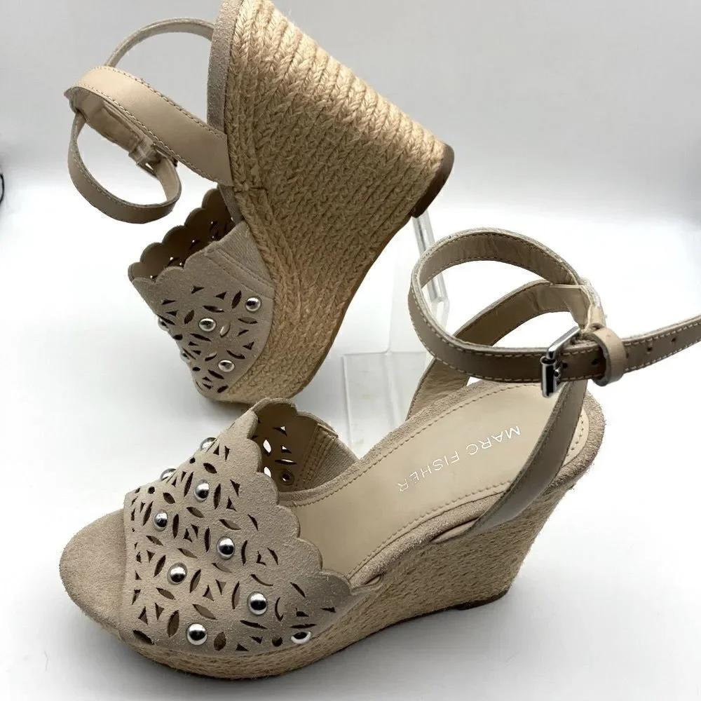 Marc Fisher HATA Cutout Leather Upper Wedge Sandals Tan Color Size 5,5